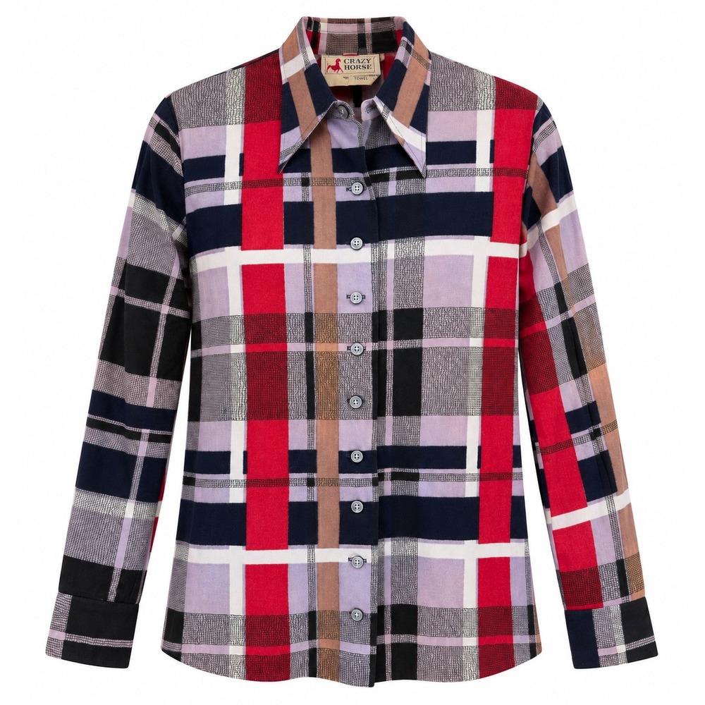 Crazy Horse 70s Mod Geometric Plaid Dagger Collar Button Down Shirt Purple Red L